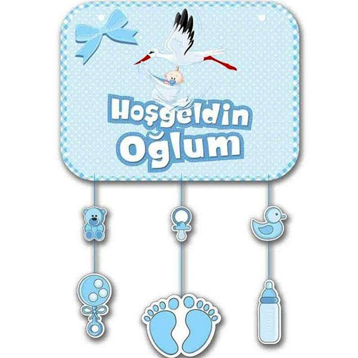 Mavi Renk Hoşgeldin Oğlum Temalı Kapı Süsü Süsleme 40x60 cm