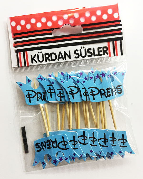 Mavi Renk Prens Yazılı Parti Kürdan Süsü 20 Adet