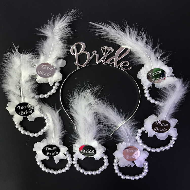 Metal Bride Tacı ve İncili Nedime Bilekliği Gümüş Renk Pleksili Beyaz Otrişli 7 Adet