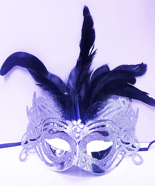 Metalize Gümüş Renk Tüylü Lüks Venedik Parti Balo Maskesi 