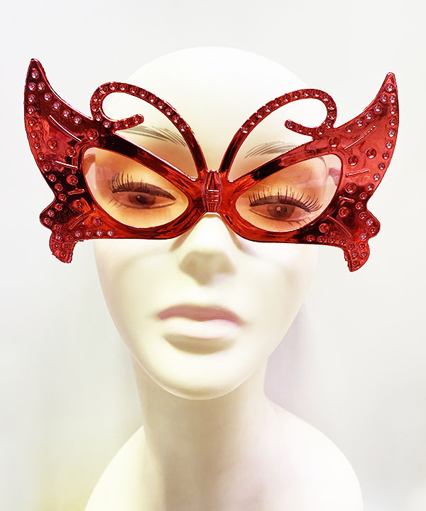 Metalize Kelebek Şekilli Parlak Parti Gözlüğü Kırmızı Renk 15x9 cm