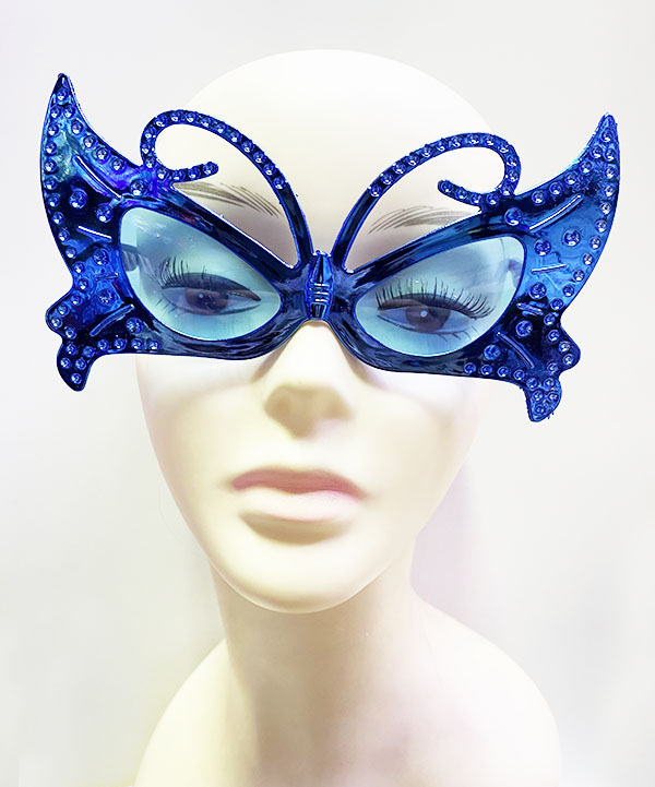 Metalize Kelebek Şekilli Parlak Parti Gözlüğü Mavi Renk 15x9 cm