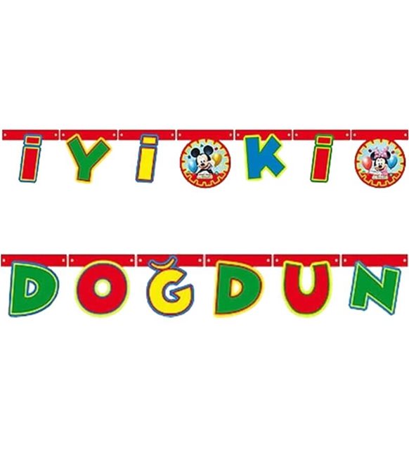 Mickey Mouse Temalı Rengarenk İyiki Doğdun Yazılı Flama Bayrak Süsleme 2 Metre