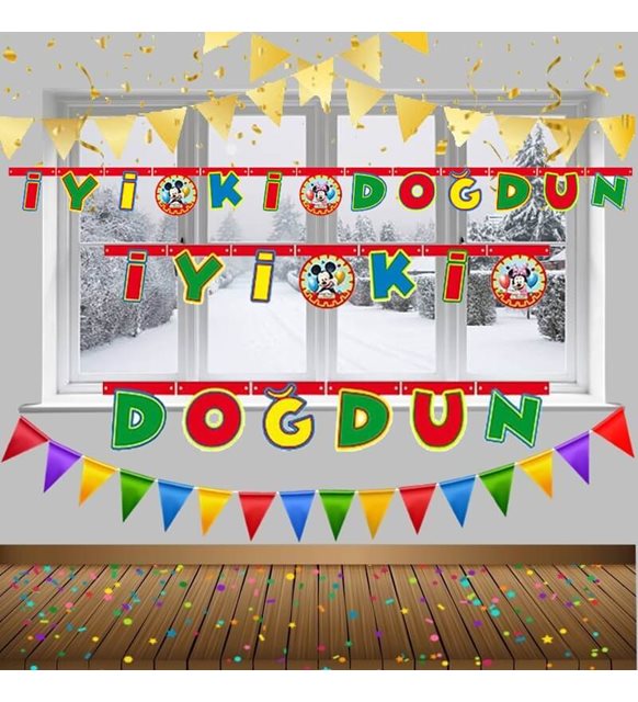 Mickey Mouse Temalı Rengarenk İyiki Doğdun Yazılı Flama Bayrak Süsleme 2 Metre