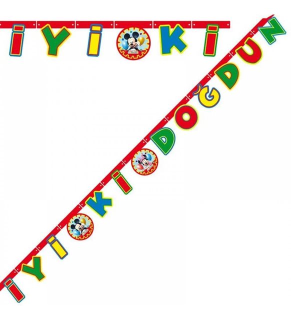 Mickey Mouse Temalı Rengarenk İyiki Doğdun Yazılı Flama Bayrak Süsleme 2 Metre