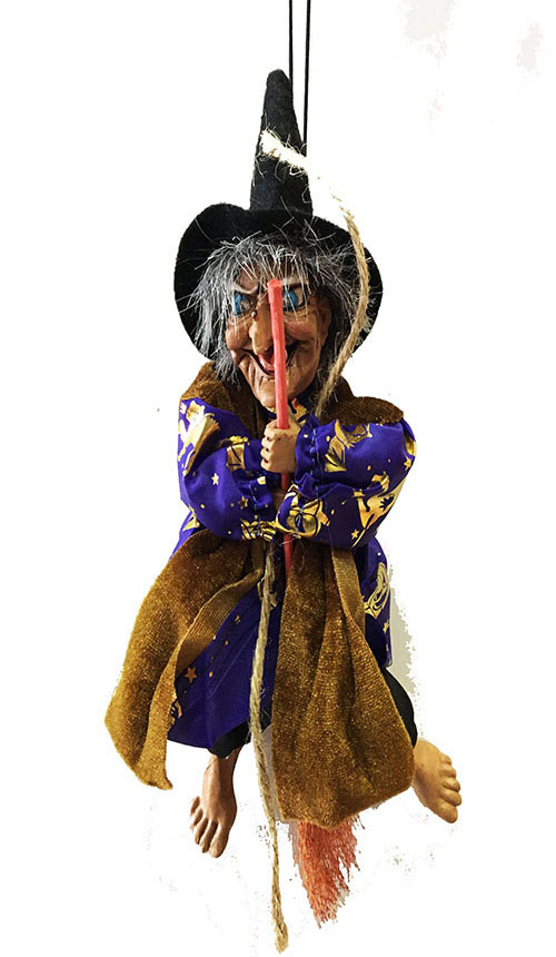 Mor Elbiseli Asma Aparatlı Sesli Işıklı Sensörlü Şekil Verilebilir Dekoratif Cadı 25 cm