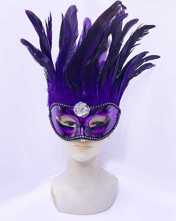 Mor Renk Ekstra Bol Kuş Tüylü Gümüş Dantelli Venedik Maskesi 30x19 cm