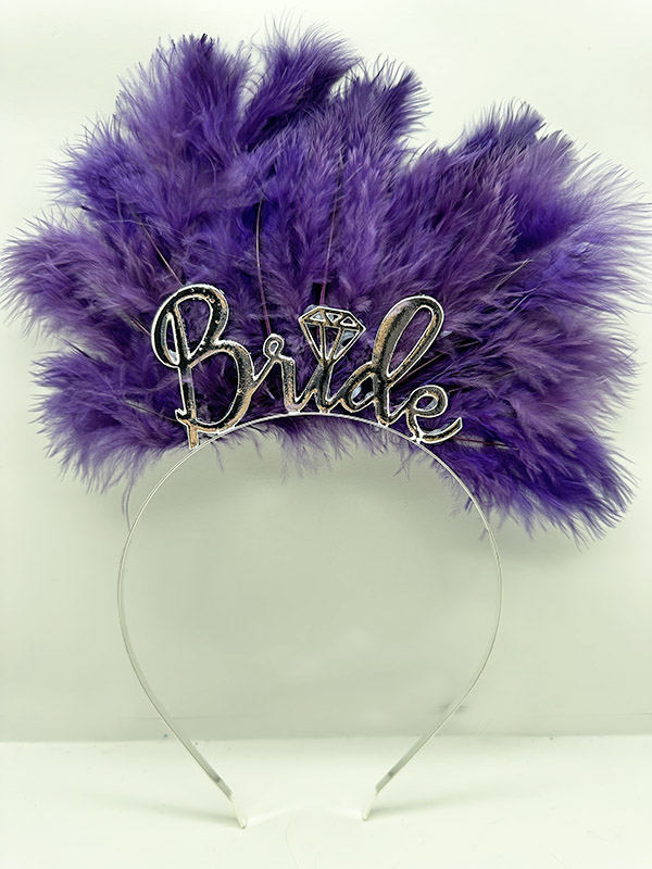 Mor Renk Tüylü İthal Gümüş Renk Bride Gelin Tacı 25x20 cm