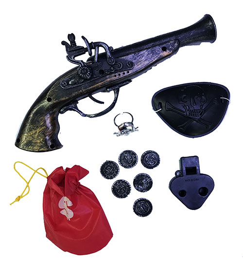 Oyuncak Korsan Tabanca Yüzük Düdük Göz Bandı ve Paralı Ganimet Kesesi 