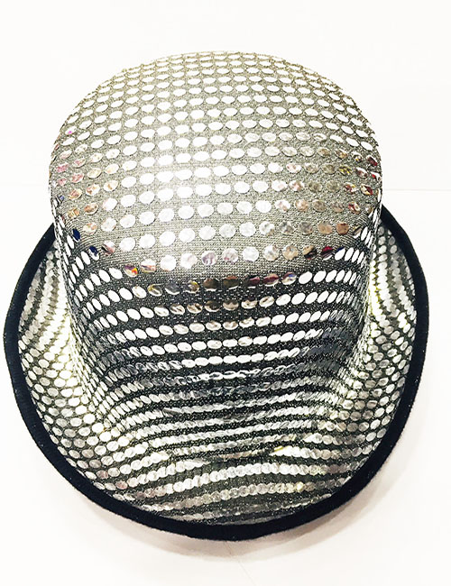 Parlak Pul İşlemeli Siyah Gümüş Renk Yetişkin Fötr Parti Şapkası