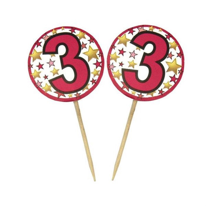 Pembe Renk 3 Yaş Temalı Yıldız Desenli Parti Kürdan Süs 20 Adet