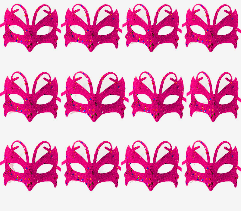 Pembe Renk Arkadan Bağlamalı Simli Parti Balo Maskesi 12 Adet