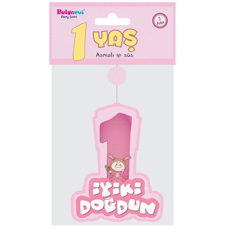 Pembe Renk Asmalı İyiki Doğdun Yazılı 1 Yaş Kız 3lü Süs Set 