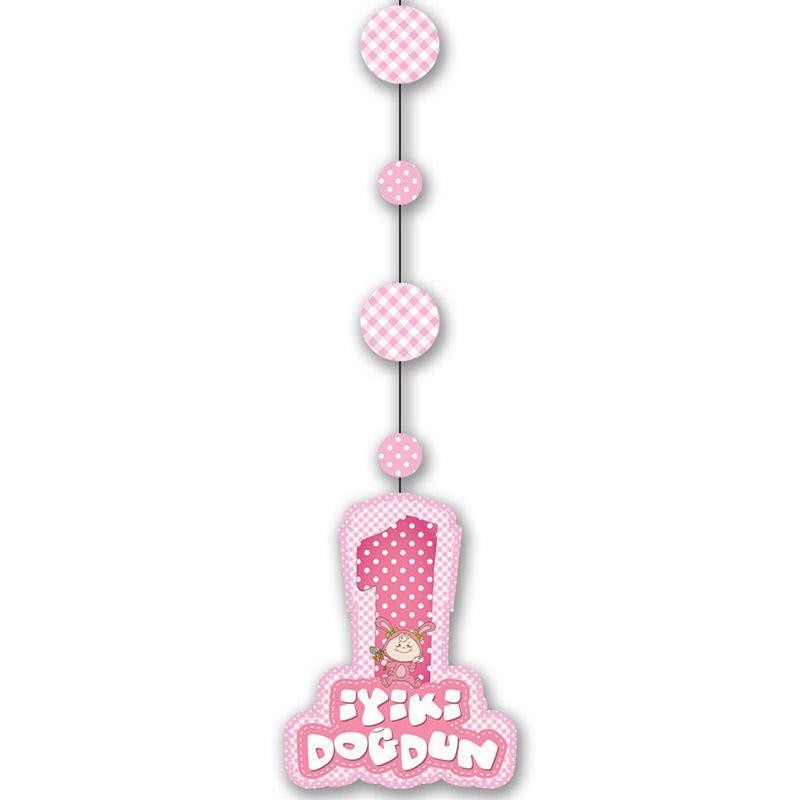 Pembe Renk Asmalı İyiki Doğdun Yazılı 1 Yaş Kız 3lü Süs Set 