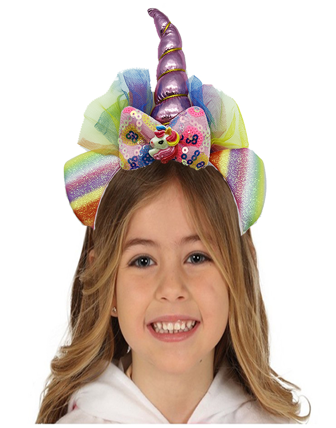 Pembe Renk Boynuzlu Payetli Fiyonklu Unicorn Tacı 17x27 cm