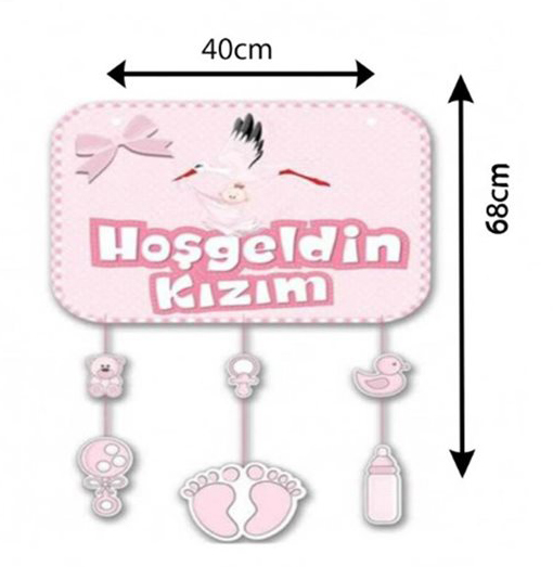 Pembe Renk Hoşgeldin Kızım Temalı Kapı Süsü Süsleme 40x60 cm