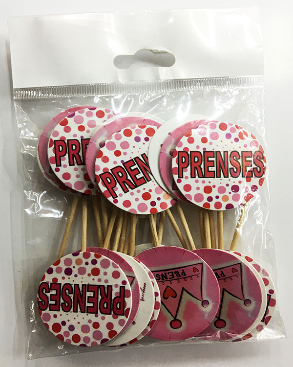 Pembe Renk Yuvarlak Prenses Yazılı Parti Kürdan Süsü 20 Adet