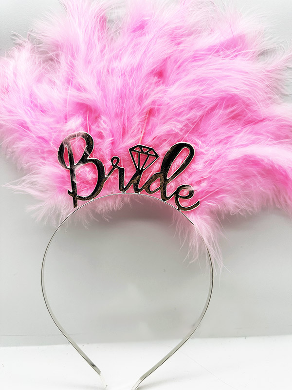 Pembe Tüylü İthal Gümüş Renk Bride Gelin Tacı 25x20 cm