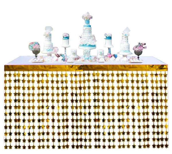 Püsküllü Işıltılı Metalize Altın Yıldızlı Masa Eteği 75x360 cm