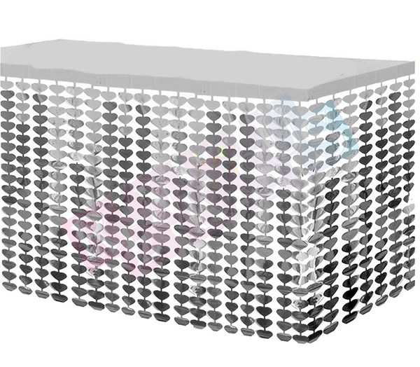 Püsküllü Işıltılı Metalize Gümüş Kalp Masa Eteği Püskülü 75x360 cm