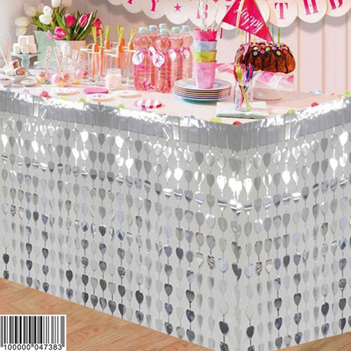 Püsküllü Işıltılı Metalize Gümüş Kalp Masa Eteği Püskülü 75x360 cm