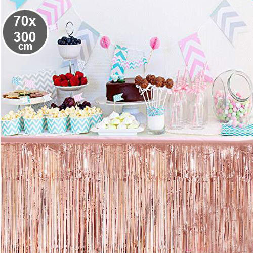 Püsküllü Işıltılı Metalize Rose Renk Masa Eteği 70x300 cm