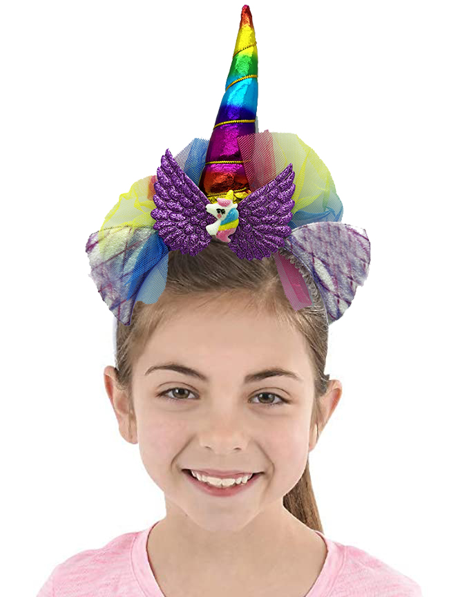 Rengarenk Boynuzlu Tüllü Kanatlı Unicorn Tacı 17x27 cm