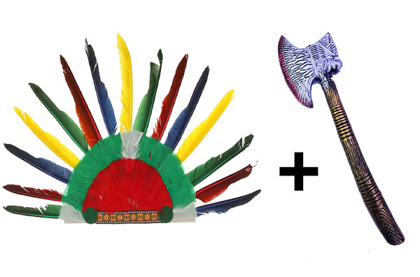 Rengarenk Kızılderili Tüylü Başlık ve Plastik Kızılderili Baltası