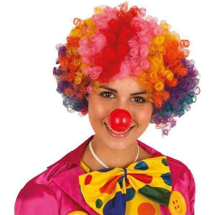 Rengarenk Palyaço Kıvırcık Afro Bonus Peruk 110 Gr ve Led Işıklı Kırmızı Burun