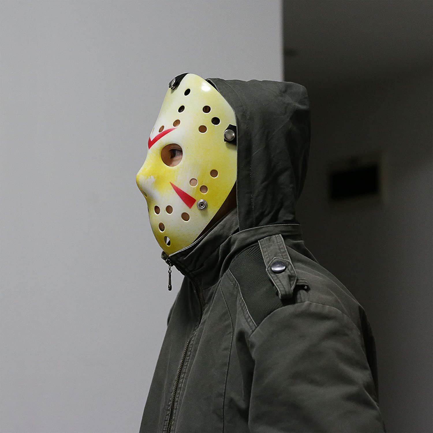 Sarı Renk Kırmızı Çizgili Tam Yüz Hokey Jason Maskesi Hannibal Maskesi