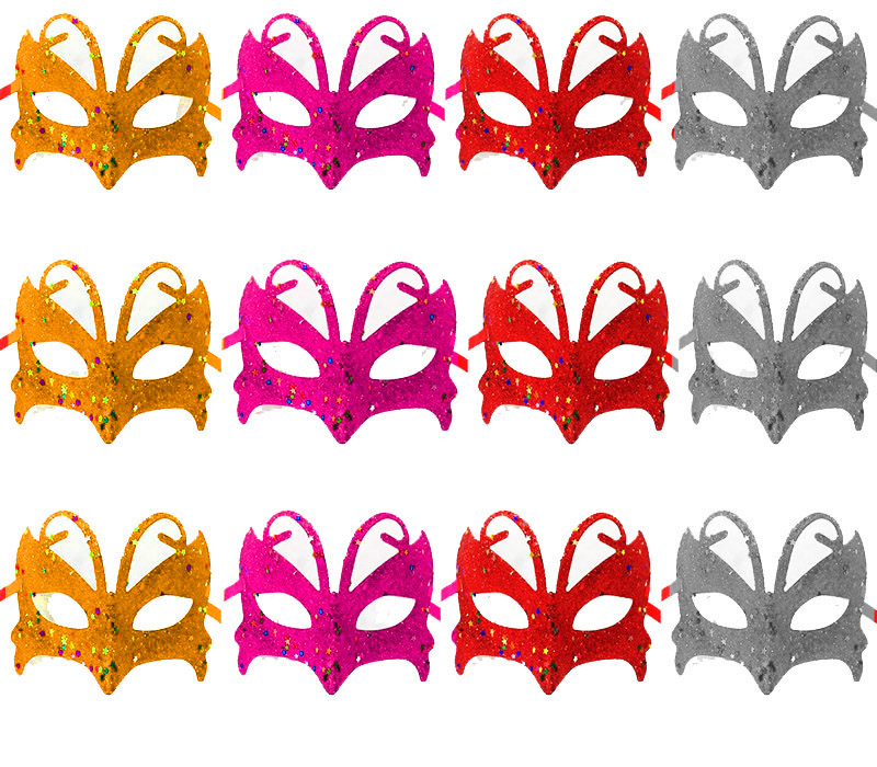 Simli Metalize İşlemeli Maskeli Balo Partisi 4 Renk Maske 12 Adet