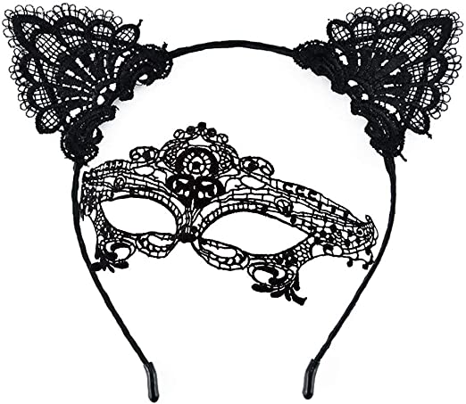 Siyah Renk Dantel Maske ve Dantel Taç Seti Yetişkin No 1