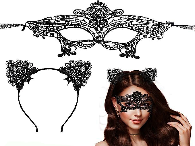 Siyah Renk Dantel Maske ve Dantel Taç Seti Yetişkin No 1