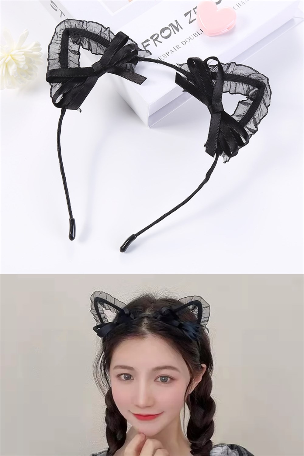 Siyah Renk Dantelli Tüllü Kedi Kulağı Kedi Tacı 17x17 cm