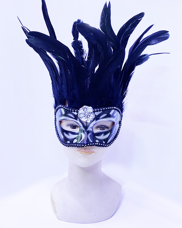 Siyah Renk Ekstra Bol Kuş Tüylü Gümüş Dantelli Venedik Maskesi 30x19 cm