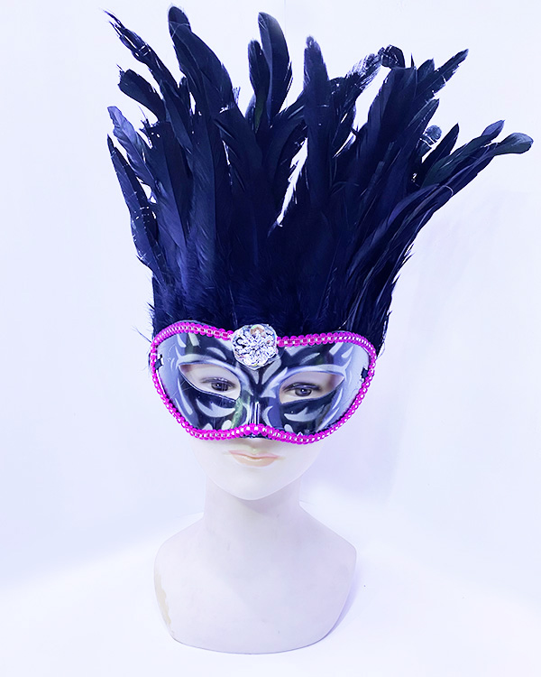 Siyah Renk Ekstra Bol Kuş Tüylü Pembe Dantelli Venedik Maskesi 30x19 cm