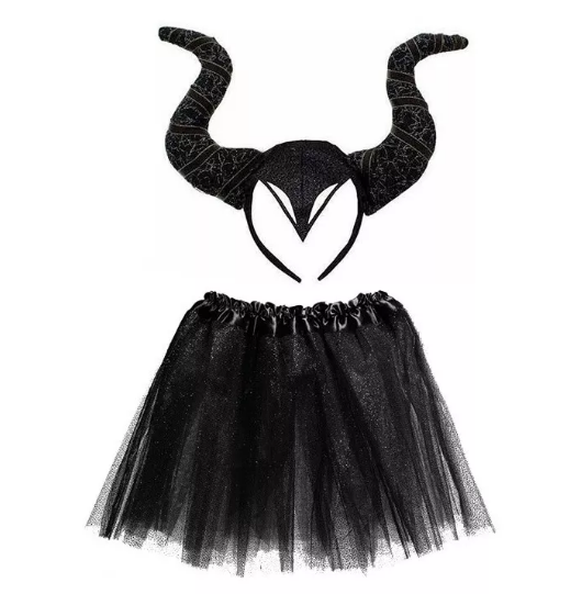 Siyah Renk Motif İşlemeli Malefiz Tacı ve Etek Seti Çocuk Boy