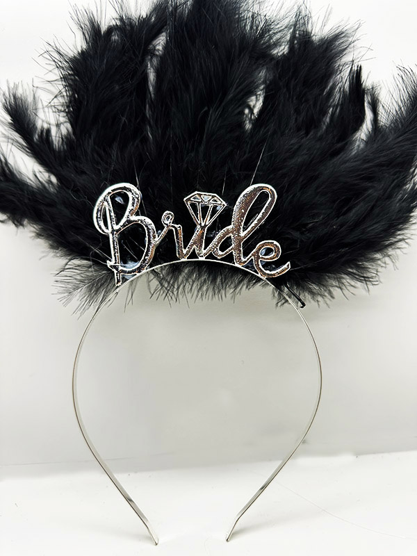 Siyah Tüylü İthal Gümüş Renk Bride Gelin Tacı 25x20 cm