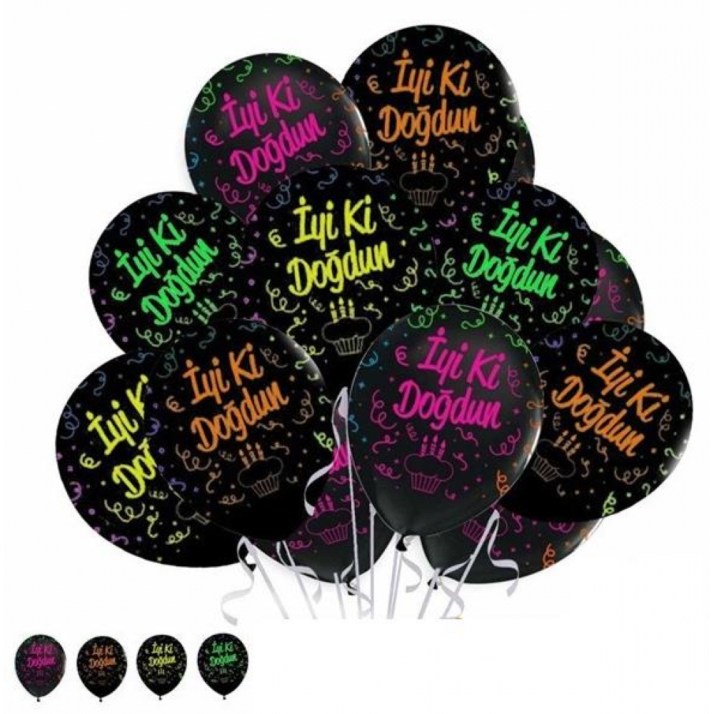 Siyah Üzeri Floresan İyiki Doğdun Yazılı Baskılı Doğum Günü Balonu 100 Adet