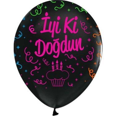 Siyah Üzeri Floresan İyiki Doğdun Yazılı Baskılı Doğum Günü Balonu 100 Adet