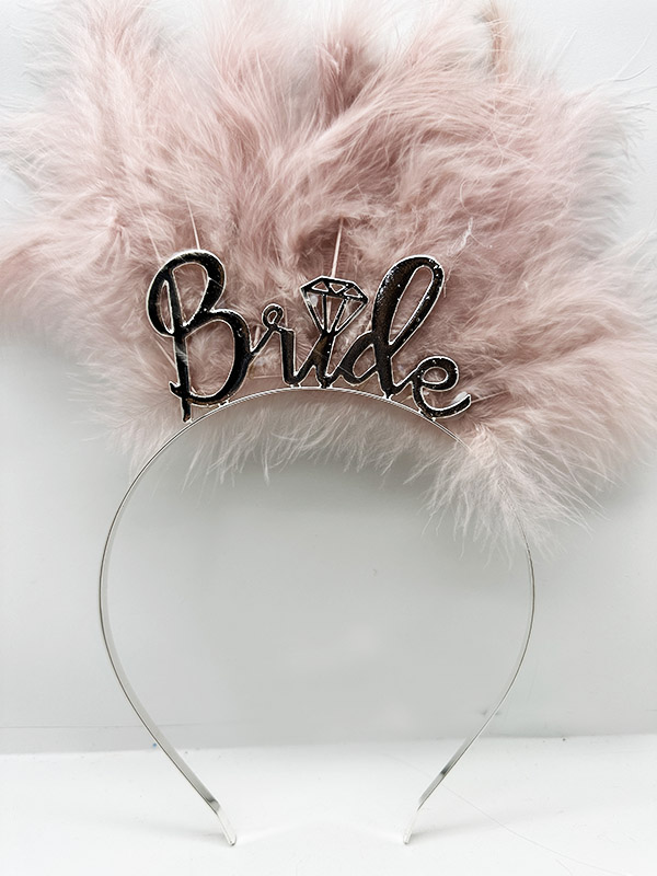 Somon Renk Tüylü İthal Gümüş Renk Bride Gelin Tacı 25x20 cm