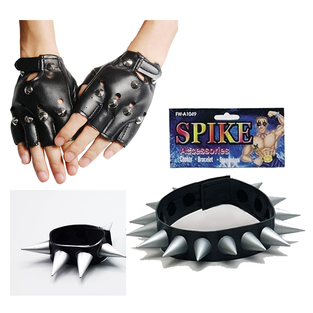 Spike Punk Eldiveni Punk Kolyesi ve Punk Bileklik Seti
