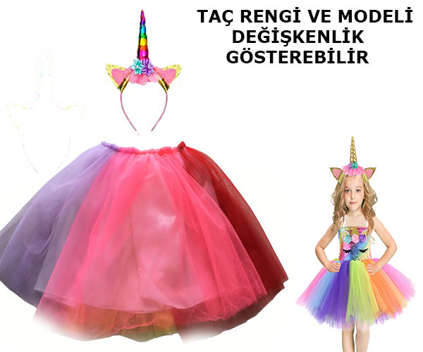 Unicorn Tütü Etek ve Taç Seti - Unicorn Kostüm Seti Çocuk Boy