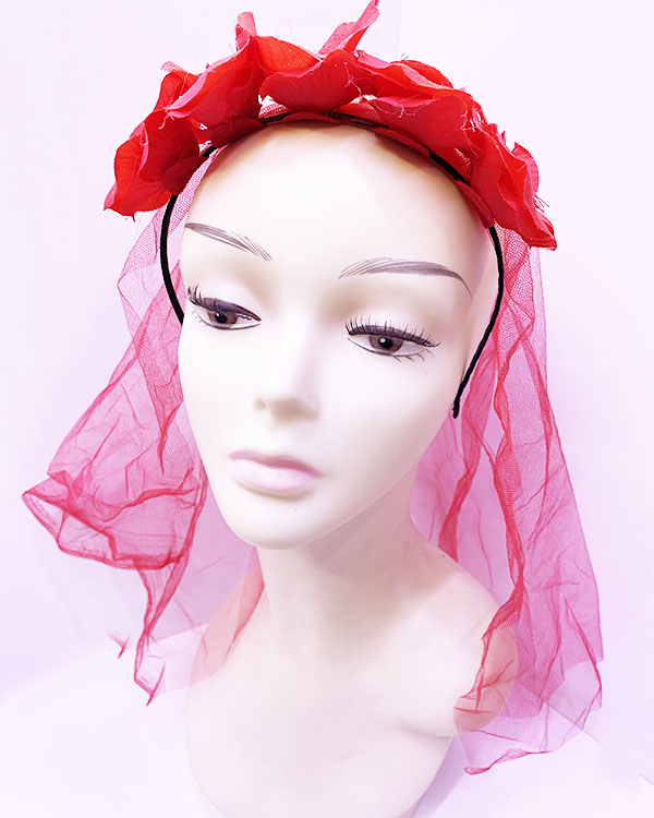 Uzun Duvaklı Üstü Kırmızı Çiçekli Parti Tacı 