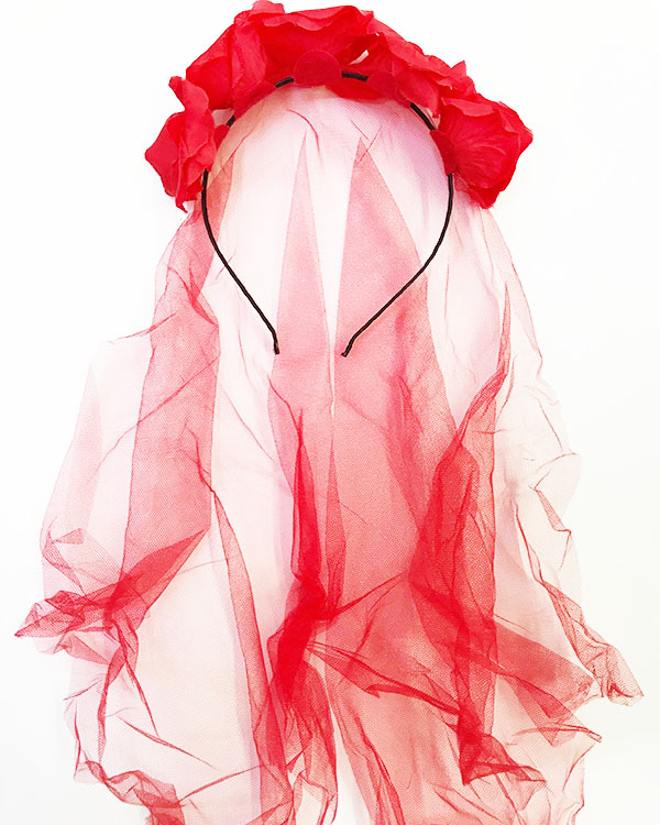 Uzun Duvaklı Üstü Kırmızı Çiçekli Parti Tacı 