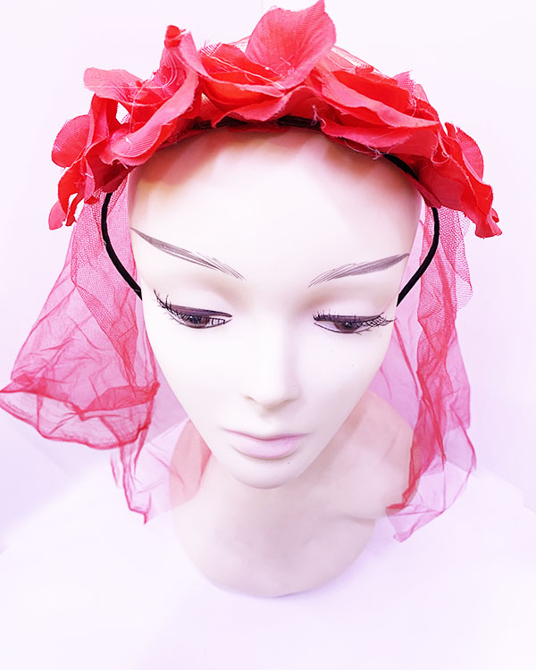 Uzun Duvaklı Üstü Kırmızı Çiçekli Parti Tacı 