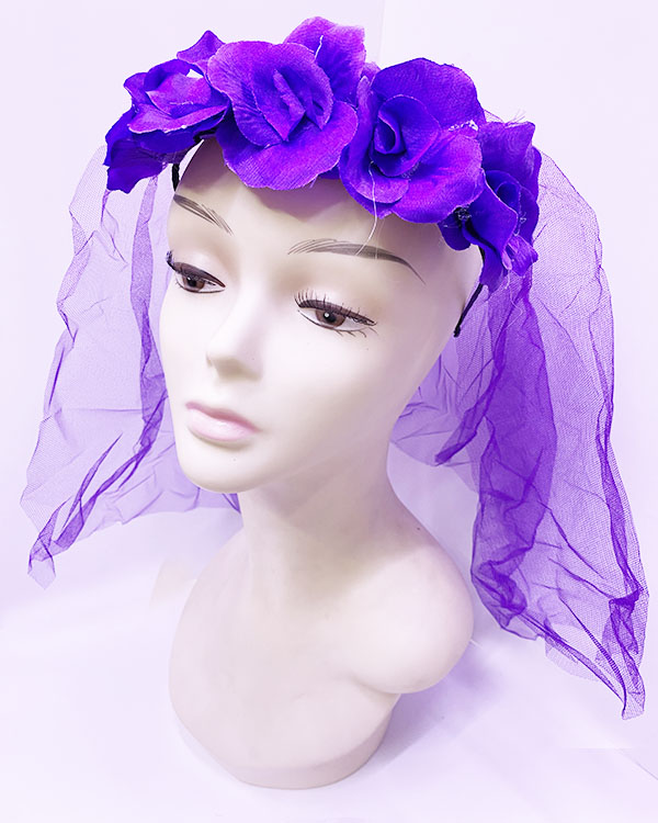 Uzun Duvaklı Üstü Mor Çiçekli Parti Tacı