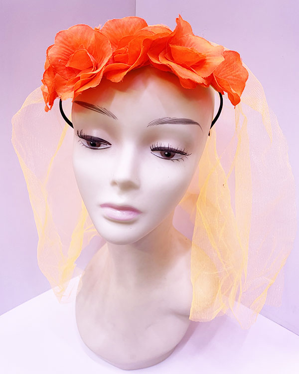 Uzun Duvaklı Üstü Turuncu Çiçekli Parti Tacı