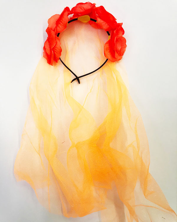 Uzun Duvaklı Üstü Turuncu Çiçekli Parti Tacı