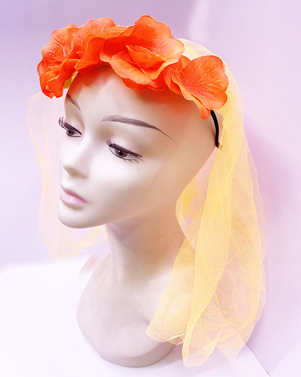 Uzun Duvaklı Üstü Turuncu Çiçekli Parti Tacı